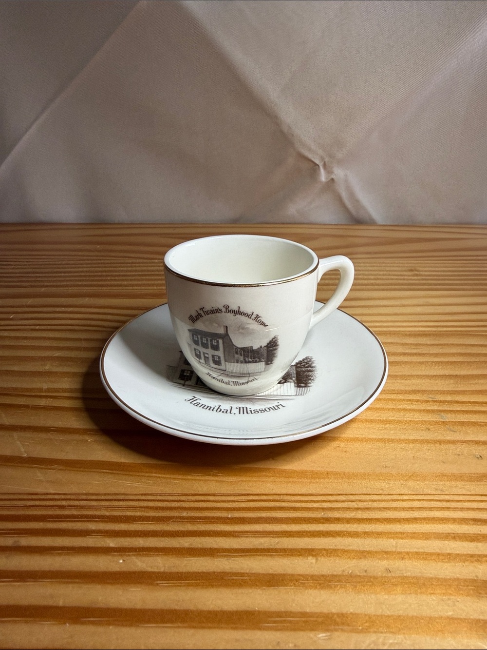 Vintage ENCO Mark Twain Boyhood Home Demitasse Cup & Saucer Set 22K Gold